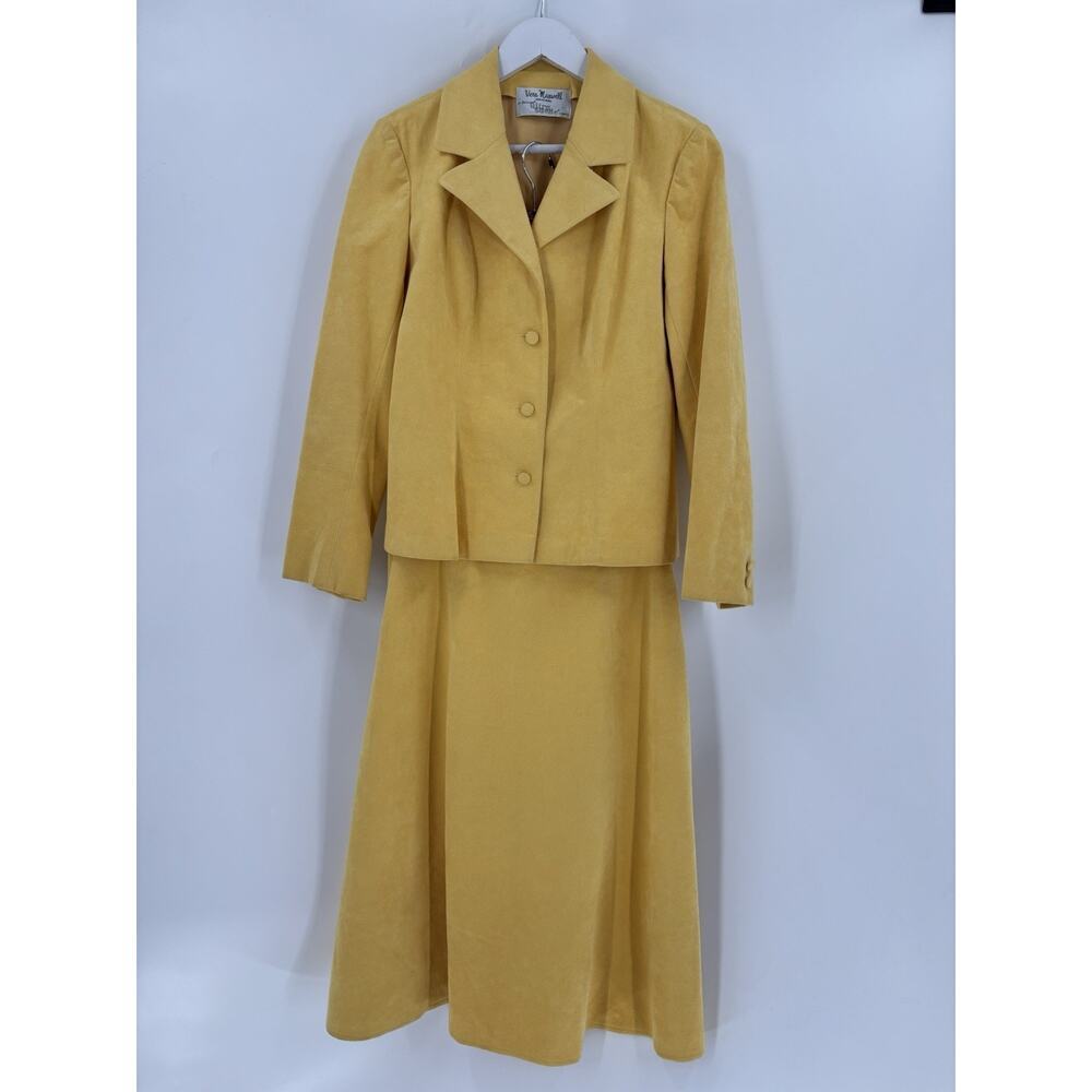 Vera Maxwell Vintage Skirt Set Womens Large Yellow Ultra Suede Single Breasted